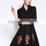 Ladies Autumn/winter V Neck 3/4 Sleeve Embroidered A-line Dress thumbnail-3