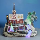 Polyresin Christmas Decoration 11“ Fiber Optic church with rotating tree and skating childs, eight songs music