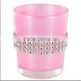 Hot Pink Glass Candle Holder With Faux Diamonds For Wedding & Table Decorations