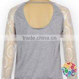 2017 Wholesale Women Lace Sleeve Grey Cotton Shirt thumbnail-4
