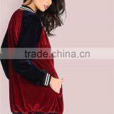 MGOO Burgundy Contrast Raglan Sleeve Velvet Longline Button Bomber Jacket With Striped Trim thumbnail-4