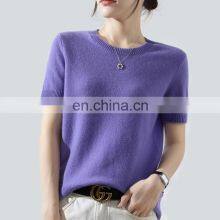 Women's Short Sleeves Pima Cotton Blend Knitted Soft Summer Sweater Tops thumbnail-1