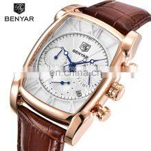 BENYAR BY-5113M Genuine Leather Strap Luxury Quartz Watches Men Classic Rectangle Case Fashion Sport Chronograph Benyar Watch