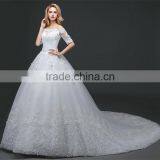 MGOO Off Shoulder Short Sleeve Shinny Beaded Lace Hem A-line Floor Length Wedding Dress Crisscross Back thumbnail-4