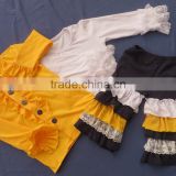 Newest School Girls Design Lace Sleeve Top .5 Layers Ruffle Navy Pants & Coat With Button 3 Pcs Clothing Sets QL-74
