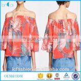 Tropical Plant Print Tunic Tops off the Shoulder Puff Sleeve Womens Shirts thumbnail-1