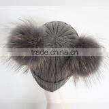Myfur Dark Grey Wool Knitting Hat With Detachable Raccoon Fur Pom Poms thumbnail-6