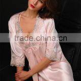 The New Spring and Summer Factory Pin Emulation Silk Pajamas 7 Minutes of Sleeve Embroidery Elegant Lace Nightgown Sexy Strap ni thumbnail-5
