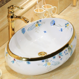 Hot Selling Bathroom Tabletop Golden Hand Painted Ceramic Oval Wash Art Basin Sink From Chaozhou China Manufacturer