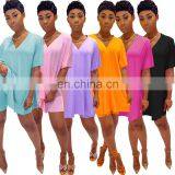 Wholesale 2 Piece Plain v NeckBat Sleeve Split Tshirt and Shorts Set for Women thumbnail-1