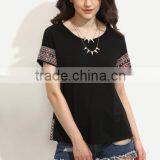 T-shirts latest fashion design women clothing Black Embroidered Short Sleeve T-shirt