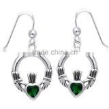 Vintage Design 925 Sterling Celtic Claddagh Earring Silver Emerald CZ Celtic Earring