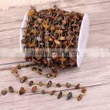 Natural Tiger Eye Stone Beads Wire Wrapped Chip Beaded Chain - Bronze Wire Wrapped Rosary Chain thumbnail-2