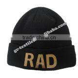 100% Acrylic Soft Beanie Hat With Fashion Metal Letter Trims Attached on Cuff Wholesale Factory China thumbnail-3