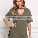 MGOO Customzied OEM Heavy Cotton 300g Tunic Tops Fashion Chocker Loose Oversized Shirts V Cut Out thumbnail-5