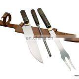 ASADO SET, TRIPLE BUTTON KNIFE, FORK AND CHAIRA, LEATHER SHEATH TOTAL LENGTH 43 Cm. thumbnail-1
