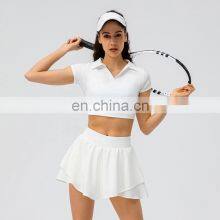 Ladies Short Sleeve Cropped Collar Top Activewear Slim Fit Outfits Women Pleated Golf Tennis Short thumbnail-2