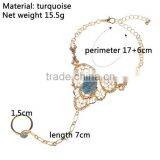 Womens Gold Slave Chain Finger Ring Bangle Hand Harness Bracelet Turquoise Beads thumbnail-2