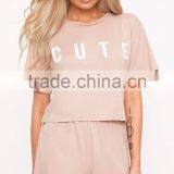 Women Plain PJ Set With Custom Logo Screen Print Short Pajamas Letter Print Loose Pyjama thumbnail-3