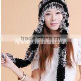 2015 new style rabbit fur hat and scarf two piece set earflap headwear with long tail