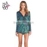 HAODUOYI Blue Sequin Plunge Neck Long Sleeve Evening Party Bodysuit for Wholesale With Low Price thumbnail-1