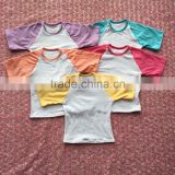 New year wholesale stylish baby girls Clothes 3/4 sleeves ruffle shirt multi-colors raglan tops