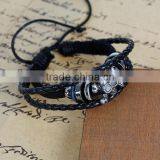 New Fashion Black Cord Gunmetal Halloween Skull Green Blue & Silver Tone Beads Cowhide Multilayer Bracelets thumbnail-1