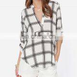 CHEFON Roll tab half sleeve deep v neck plaid print fashion patterns of chiffon blouses