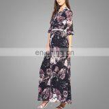 Navy Blue Coloured Printed Maxi Dress Dubai Long Dresses Fancy Maxi Dress With Long Sleeve & Belt thumbnail-2