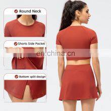 Good Quality Ladies Solid Color Sports Yoga Tennis Set With Shorts Fitness Skirt 2 PCS Gym Set Women Workout Wear Clothes thumbnail-2