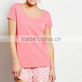 New Style OEM Summer Sexy Short Loose Fit Women 100% Cotton Knitted Red T-shirts and Printed Pink Shorts Pajama Set thumbnail-1