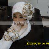 Lady's Mohair Knitting Crocheted Sequins Flower Hat and Scarf Set