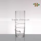 Handmade clear cylinder glass vase, wholesale cheap wrap line with ear-line glassware