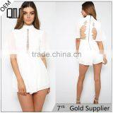 High Neck Lace Zipper Back White Short Jumpsuits Women Chiffon Playsuit thumbnail-1