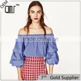 2017 OEM Spring Cute Pleated Vertical Stripes Off Shoulder Blouse thumbnail-1
