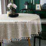 Nordic Embroidery Grid Cotton and Linen Tassel Lace Round Table Cloth Party Table Cloth Waterproof Table Cloth thumbnail-2