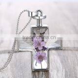 2016 Hot Sale Silver Cross Real Dried Flower Necklace Crystal thumbnail-3