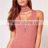 MGOO Elegant 95% Cotton 5% Spandex Bodysuits Ribbed Choker Neck Pink Tops Sleeveless Zip Up Tops thumbnail-5