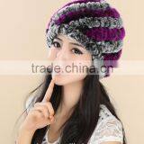Rex Rabbit Fur Hats Fur Striped Knitted Cap for Women Genuine Rabbit Fur Hat Cap Winter Warms Hats thumbnail-1