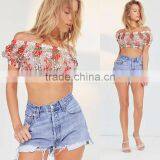 Sexy Mesh Embroidered Floral Tops off Shoulder Ladies Blouse thumbnail-5