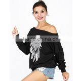 Bulk Wholesale Black Asymmetrical Shoulder Screen Printing Sweatshirt for Ladies thumbnail-4