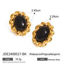 Vintage Stainless Steel Black Stone Stud Earrings Gold Plated Geometric Pearl Earrings Set Women Fashion Jewelry thumbnail-3