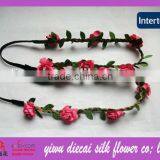Paper Rose Flower Decorated Leaf Wrapped Artificial Leather Braid Headband thumbnail-1