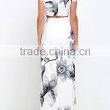 High Split Skirt With Short Sleeve Crop Top for Ladies 2017 New Fashion Water Printed Floral Two Pieces Sets thumbnail-3