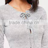 Grey Lace Up Romper Cut Hole Button With Long Sleeve Custom Cotton Blends Stretchy Slim Women Pyjamas thumbnail-2