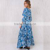 Paisley Print Long Sleeve Maxi Wrap Dress in Blue for Mature Women thumbnail-4