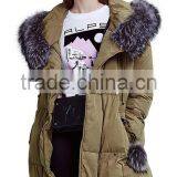 Women's Green Loose Fit Zipper-up Down Jacket/coat/wear With Fur Collar thumbnail-3