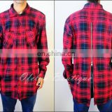 Rear Back-YKK Zip Slim Fit Long Sleeve Flannel Plaid Check Shirt Button Front Shirt - Red//Blue-