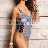 Ladies Black and White Stripe and Side Braid One-piece Swimwear thumbnail-1