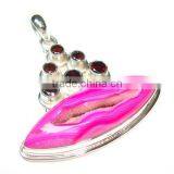 Sterling Silver Faceted Red Colored Ganet & Pink Druzy Pendant thumbnail-1
